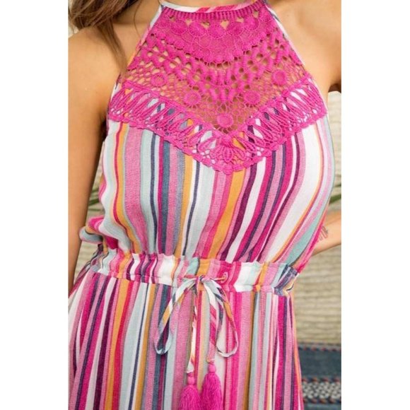 Main Strip Striped Halter & Lace Maxi Dress - Picture 6 of 6